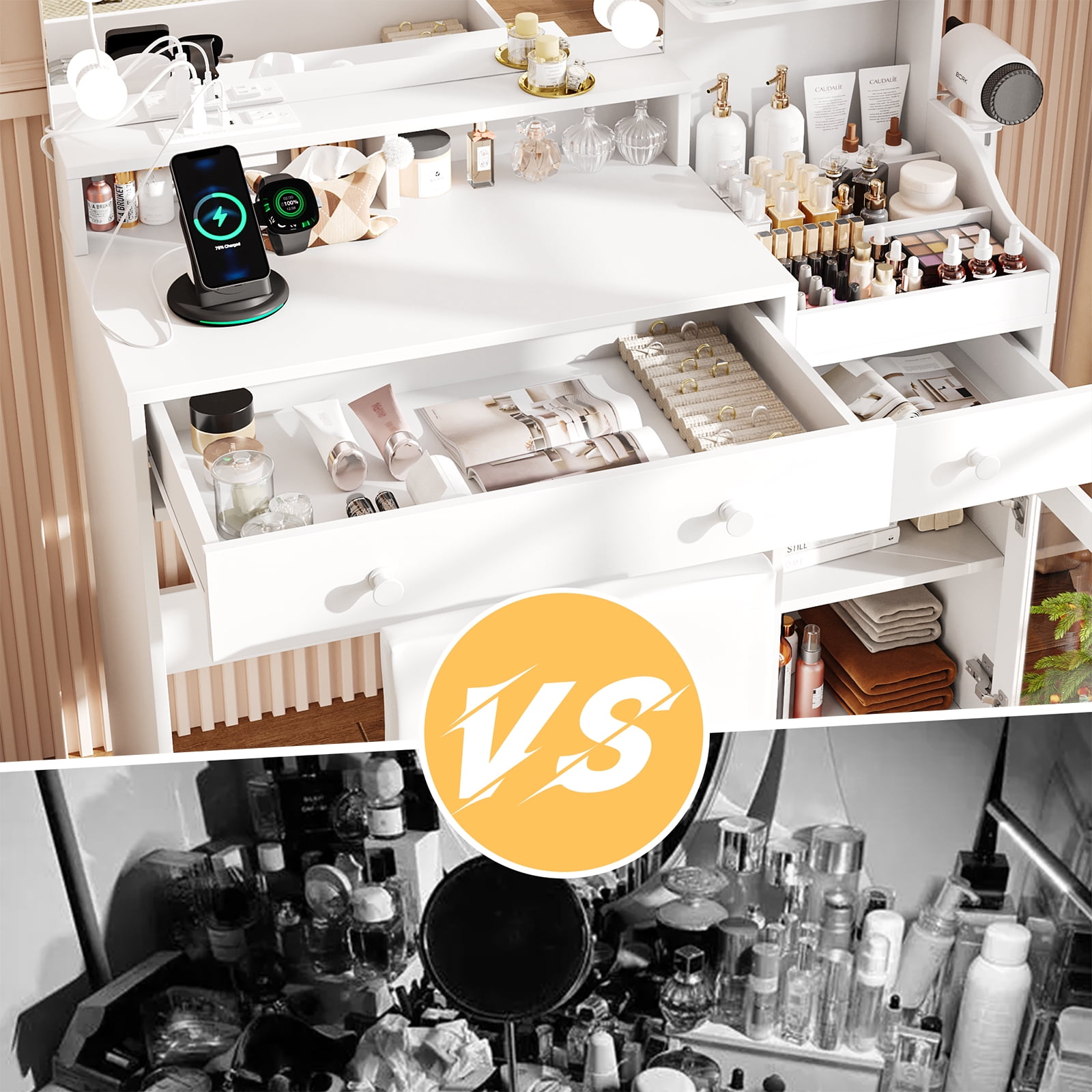 39.8" White Vanity Desk with Mirror and Lights, Modern Makeup Table with Charging Station and Storage