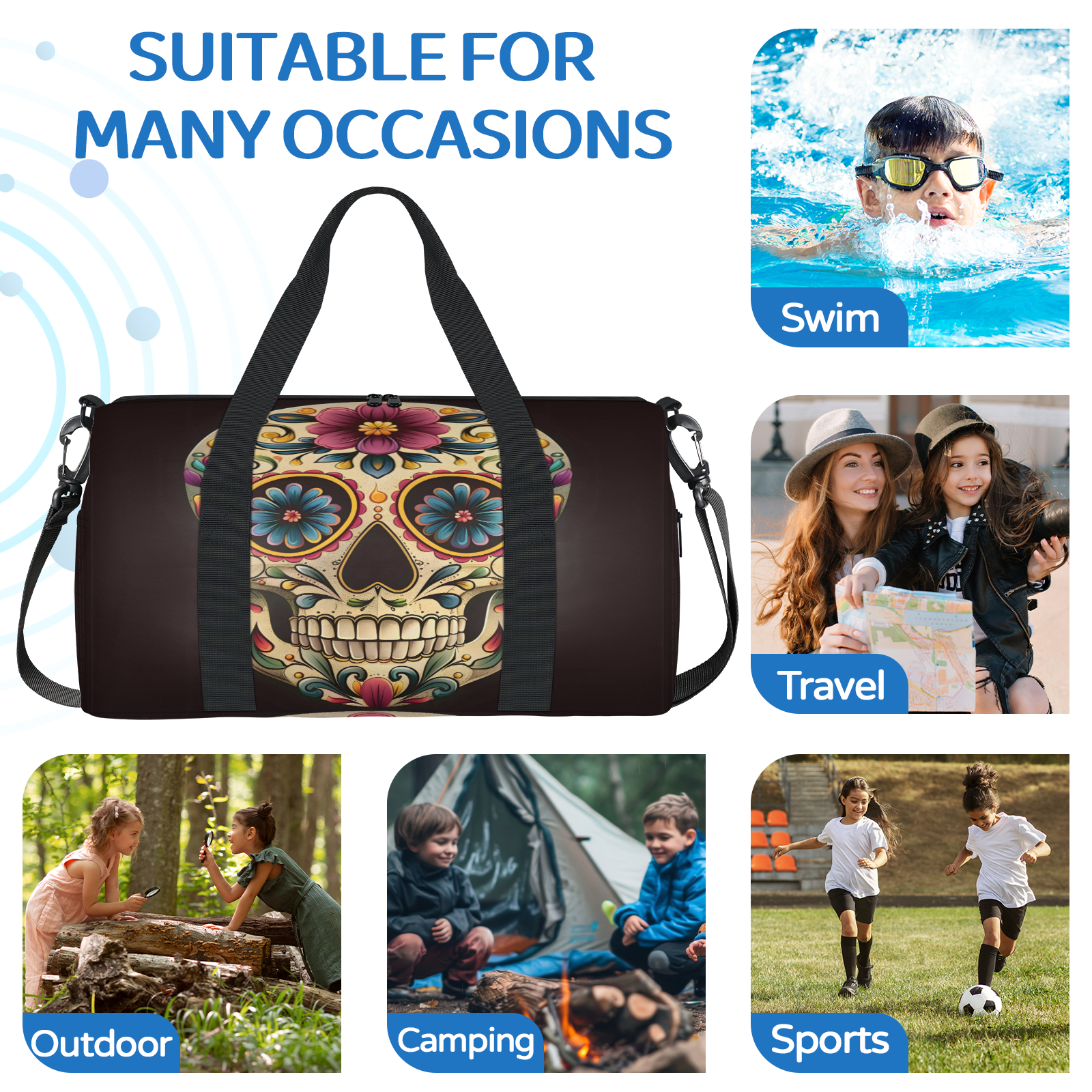 Herdesigns Day The Dead Skull Halloween Gym Bag for Women, Duffle Bag for Travel Sport, Lightweight Waterproof Carry on Weekender Overnight Dance Yoga Workout Bags