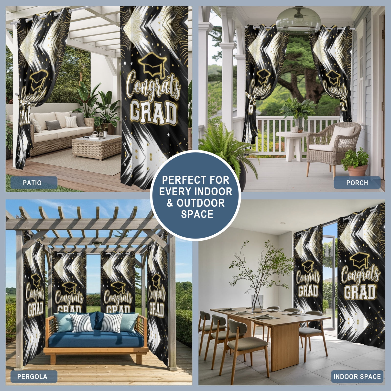 Graduation Cap Outdoor Curtains for Patio, Modern Black Gold Firework Glitter Star Sunshade Privacy Drapes Grommet Waterproof Outside Curtains for Porch/Cabana/Balcony 54"x 108", 1 Panel