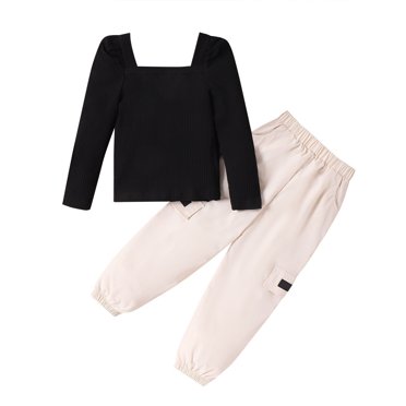 Zwiiyzr 2025 Tenues 2 Pcs Garçons Filles 4-8 Ans Manches Longues Tricot Côtelé Chandail Cargo Jogger Pantalons Automne Hiver Survêtements avec Poches pour Enfants Noir