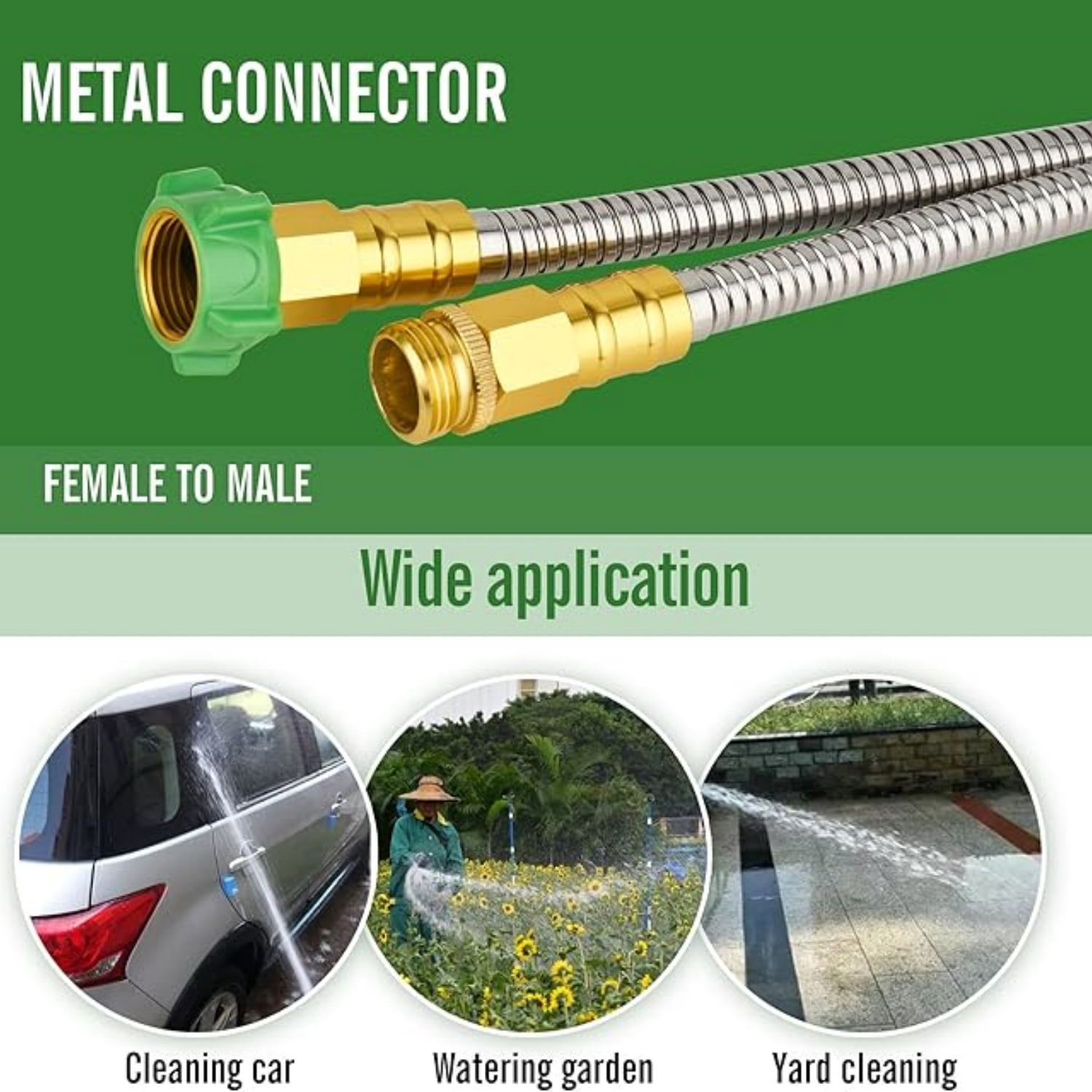 304 Stainless Steel Garden Hose 15 ft with Female to Male Metal Connector, Anti-Leakage, Flexible & Lightweight Kink Free Water Hose, Easy to Use & Store (15ft)