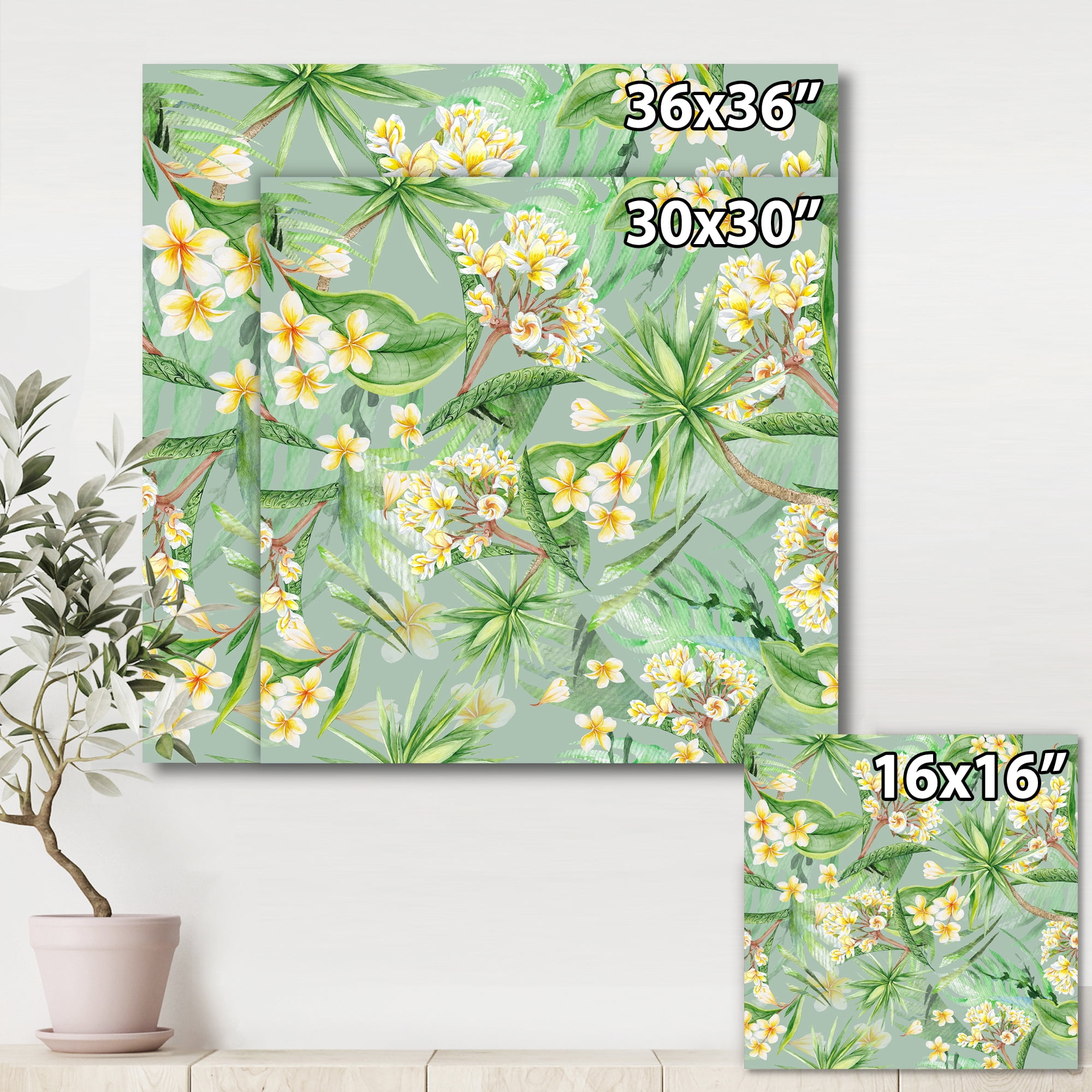 Designart ' Yellow Flowers and Tropical Foliage XIV ' Modern Canvas Wall Art Print