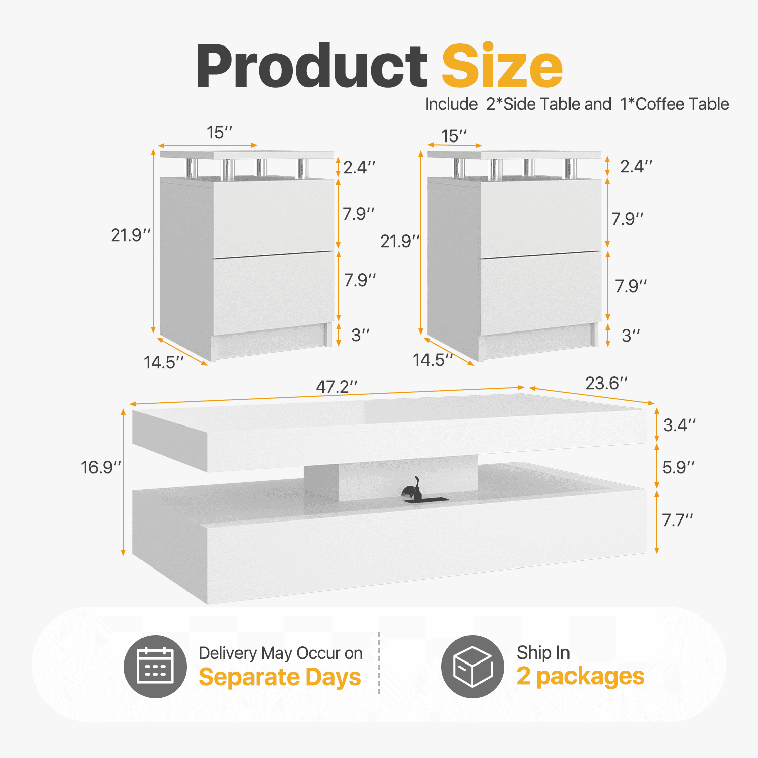 Sonegra 3-Piece Living Room Coffee Table Set, Including A Modern Coffee Table and 2 LED End Tables with Storage Drawers, White