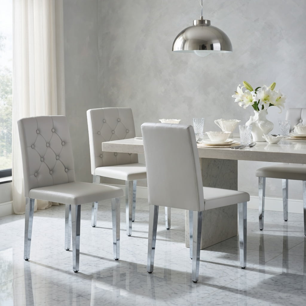 Hommoo 2-Pack PU Dining Chairs with Ergonomic Buckle Backrest, 35" Height, Modern Metal Frame, Easy-Clean Upholstery for Home & Commercial Use, Light Gray & Sliver