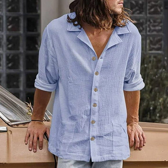 Meichang Men's Cotton Linen Shirts Classic Fit Solid Color T Shirts Long Sleeve Work Tshirts Casual Button Down Beach Shirt with Pockets 2024 Summer Saving Clearance Purple S