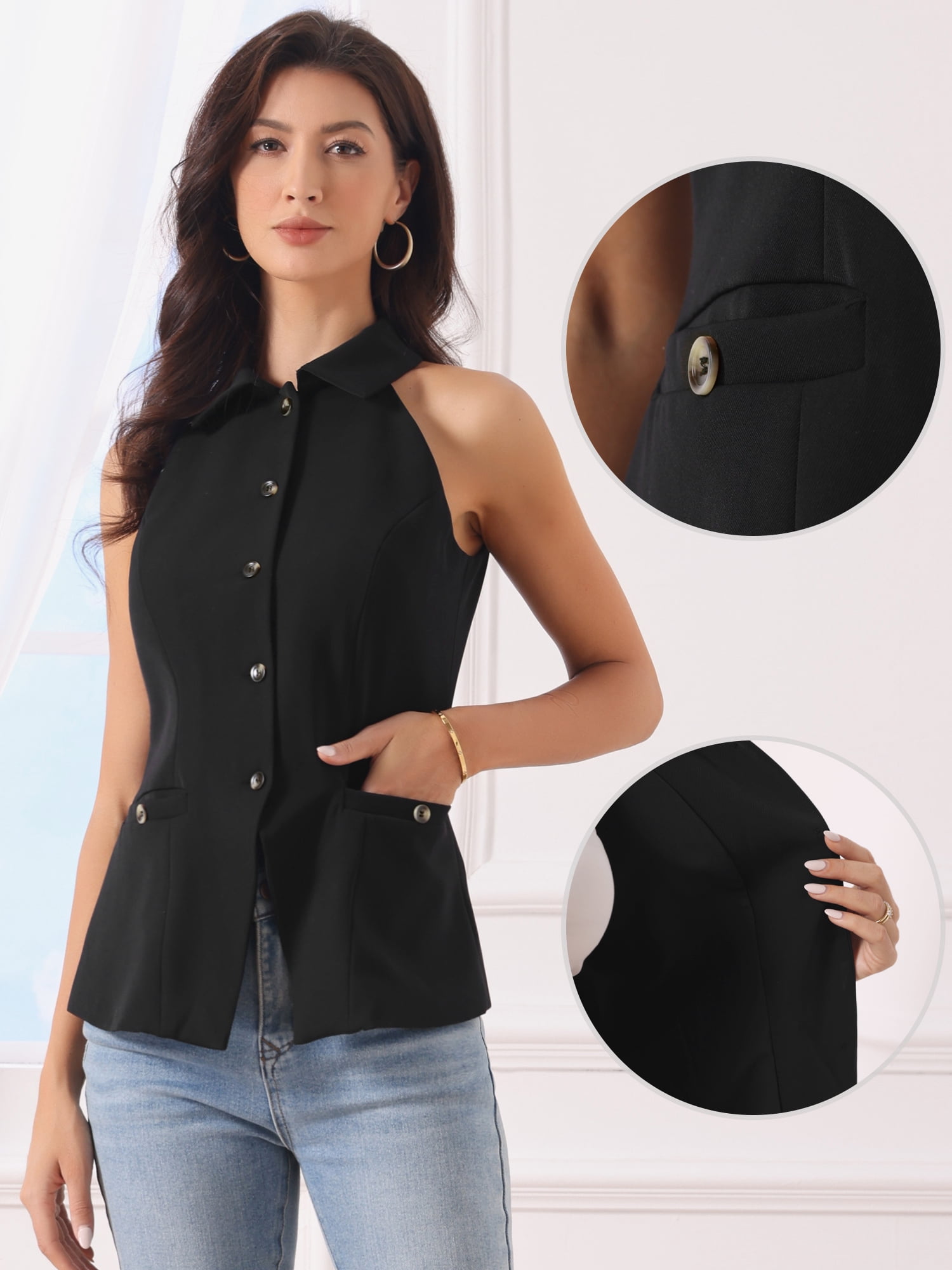 DARING DIVA Women's Halter Neck Collared Button Up Suit Vest Top XS Black