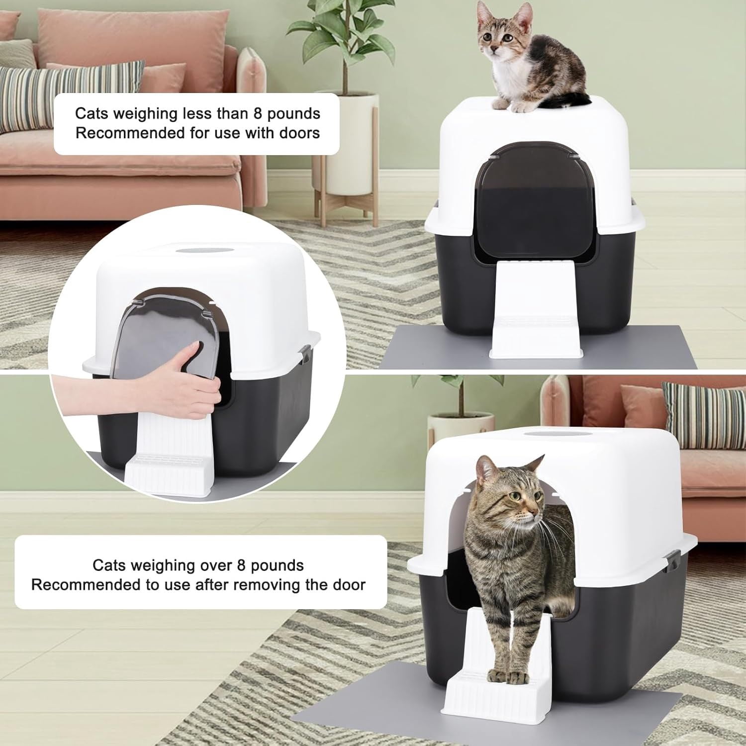 Cat Litter Box with Lid, Fully Enclosed Splash-Proof and Leak-Proof Urine High Edge and Odorless Cat Litter Box, Easy to Installation and Clean (Black with Pedal(S))