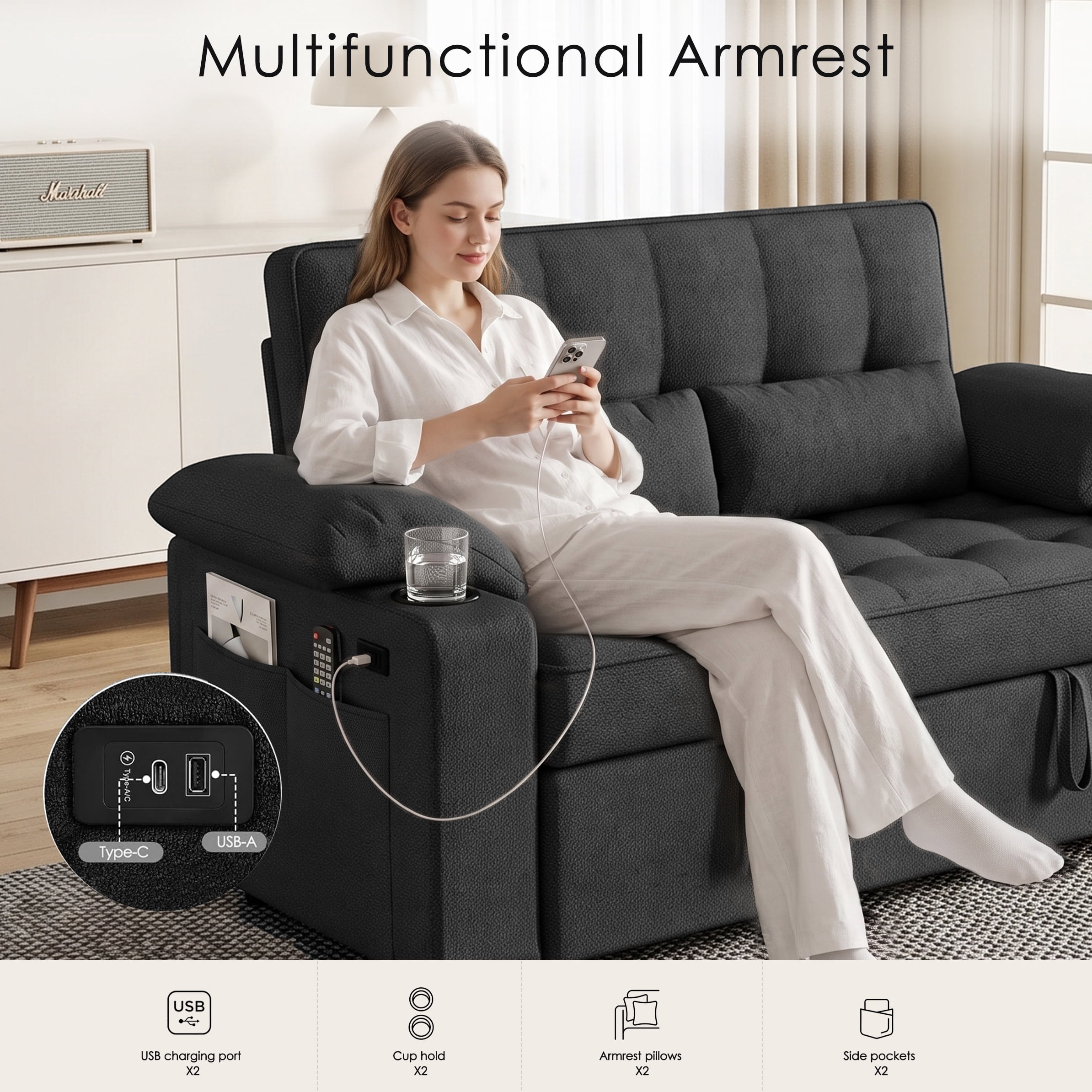 58" Convertible Sleeper Sofa Bed, Full Size Pull Out Couch with USB Charging, Cup Holders, Adjustable Backrest & Side Pockets, Towel Fabric Loveseat for Living Room, Apartment, Office (Black)