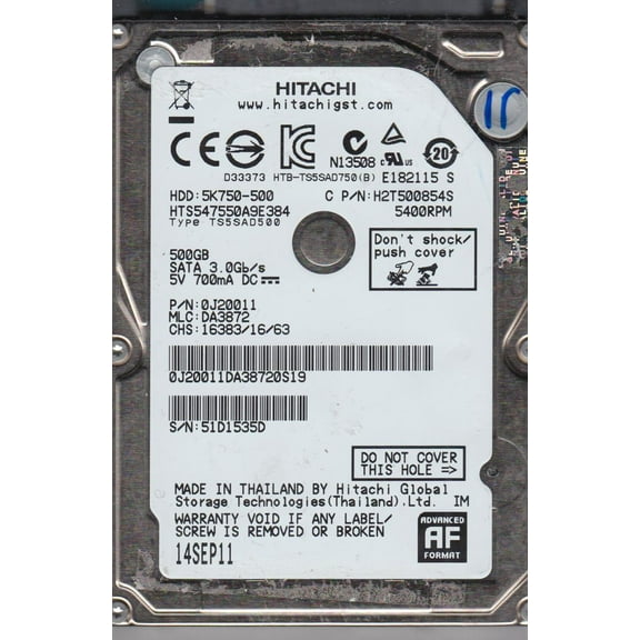 HTS547550A9E384, PN 0J20011, MLC DA3872, Hitachi 500GB SATA 2.5 Hard Drive