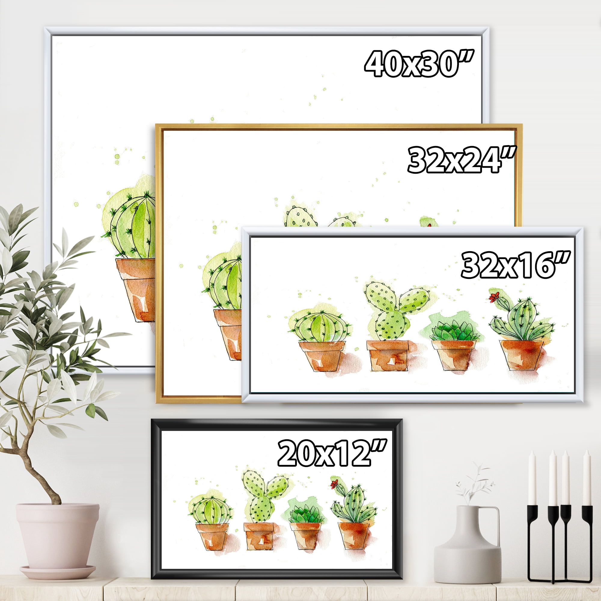 Designart 'Cacti In Gentle Tones In Ceramic Pots I' Traditional Framed Canvas Wall Art Print