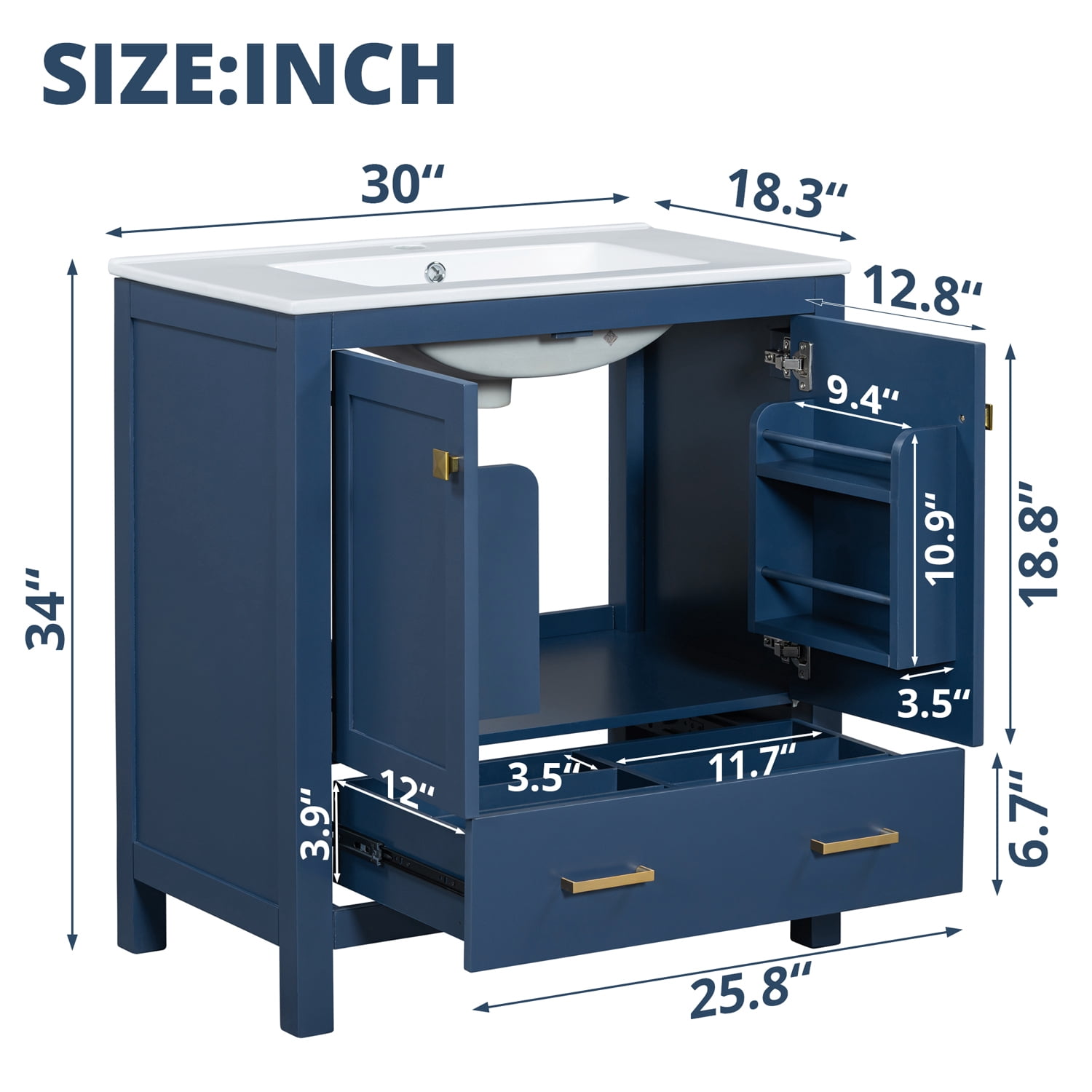 30" Bathroom Vanity with 1 Hole Ceramic Sink, Freestanding Single Basin Vanity Set with Drawer and 2 Doors, Solid Wood Frame, Dark Blue
