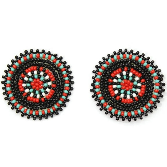 Handmade Beaded Black Red Color Round Post Earrings