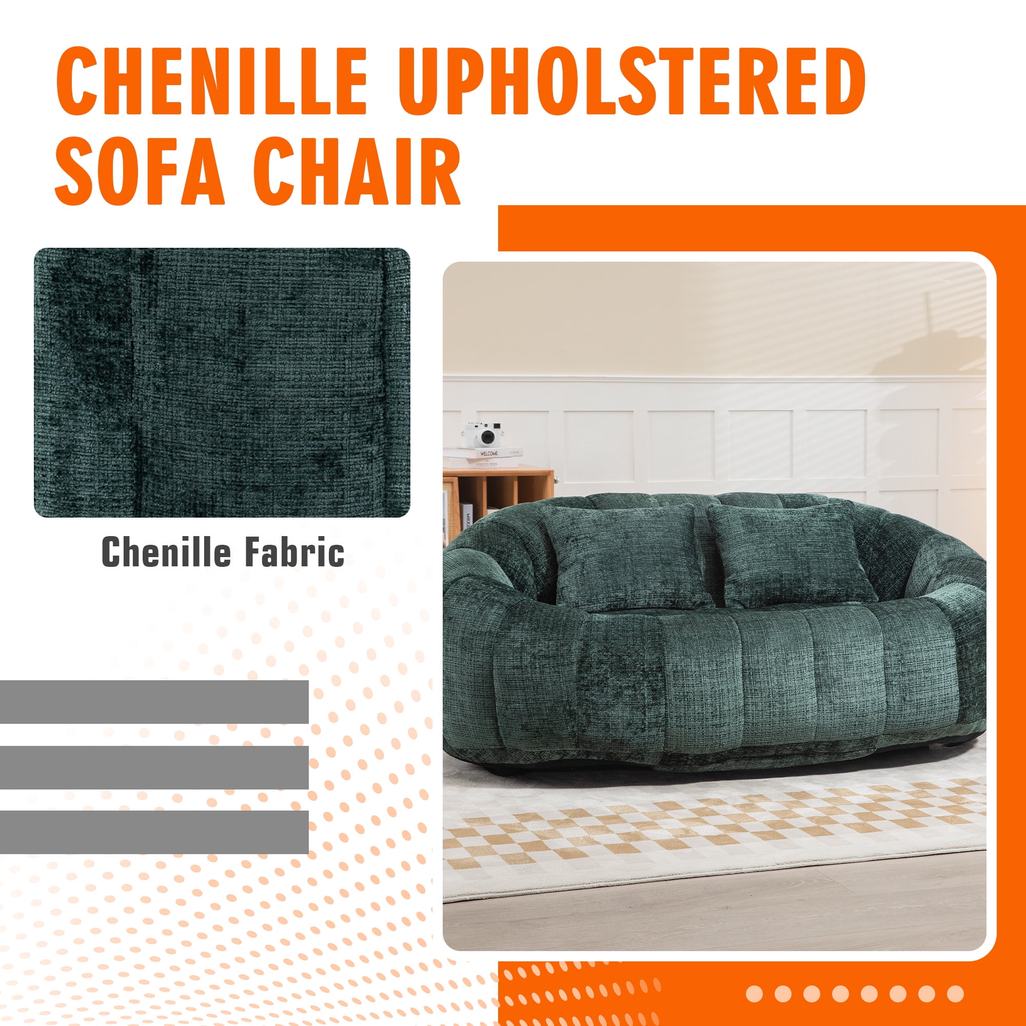 59''W Chenille Loveseat Sofa Small Couch Oversized Bean Bag Chair, Modern Lounge Loveseat Sofa with 2 Pillows,Bean Bag Couch Floor Lazy Sofa for Living Room Bedroom Apartment (Emerald)