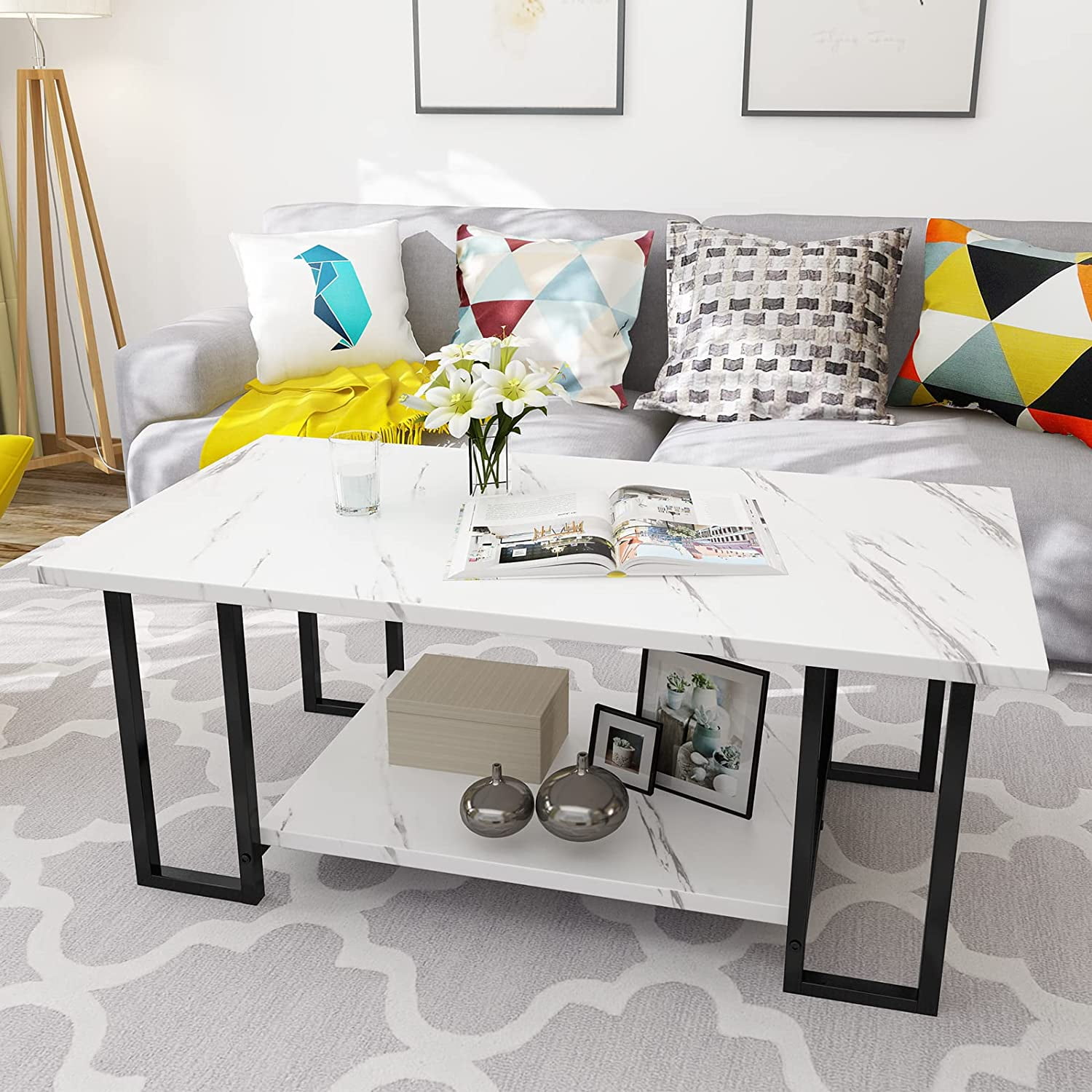 MIERES Coffee Table, Modern Faux Marble Top Coffee Table with Metal Frame and Storage Shelf, 2-Tier Rectangle Accent Cocktail Table for Living Room, Office (White & Black)