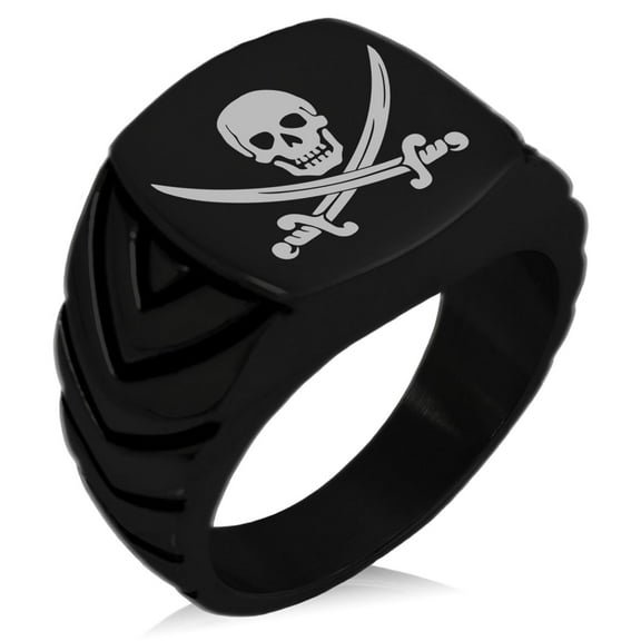 Stainless Steel Pirate Skull & Swords Chevron Pattern Biker Style Polished Ring