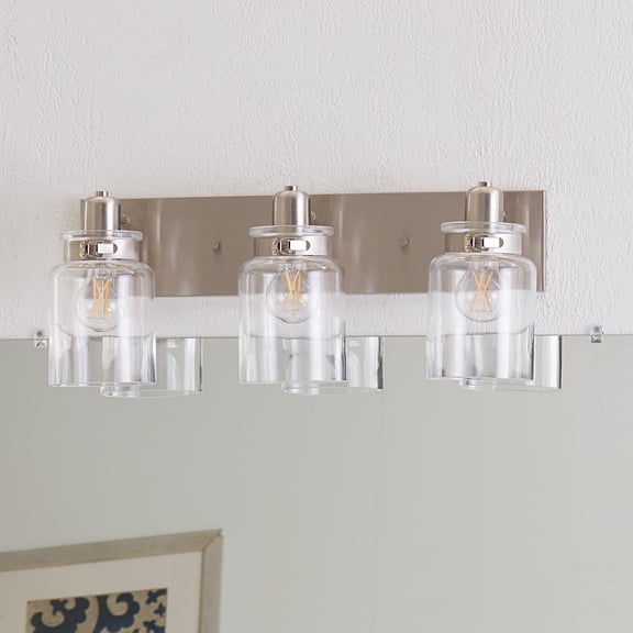 Calhoun Collection Three-Light Brushed Nickel Clear Glass Farmhouse Bath Vanity Light