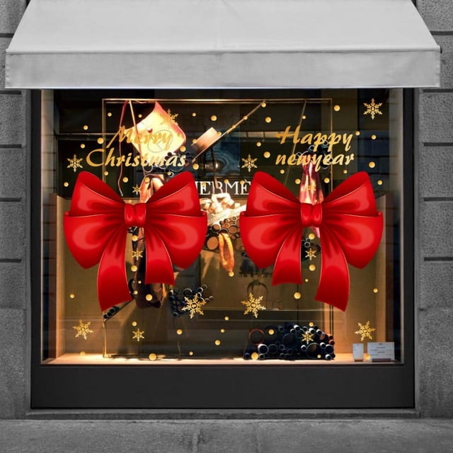 Pegatinas para puertas corredizas de cristal de tienda con decoración de escena de escaparate de lazo navideño