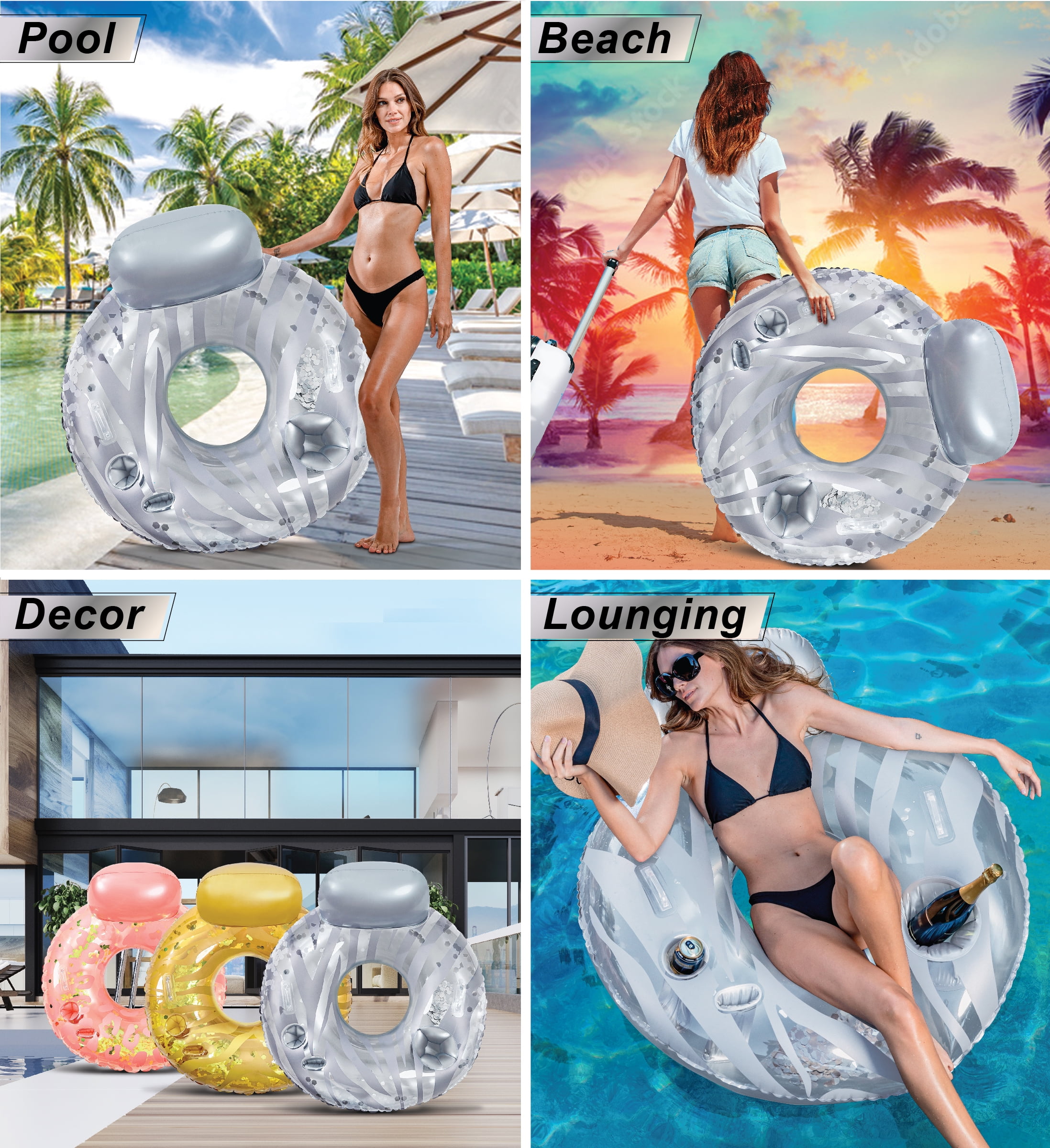 POZA Silver Inflatable Luxury Tube with Back Rest - Big Luxurious Lounger Pool Float Tube Filled with Sparkle Confetti, Built in Phone Holder, Cup Holders, and Handles, Premium Thick Ring - 42 Inches