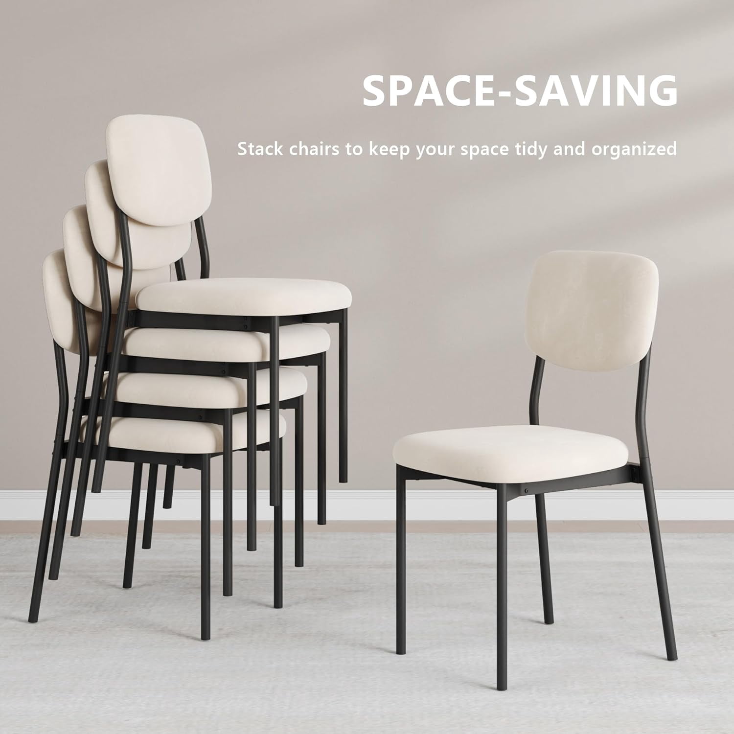 Upholstered Dining Chairs Set of 6, Stackable Modern Dining Room Chairs, Kitchen Chairs w/Soft Velvet Backrest & Sturdy Metal Legs ,Cream Beige