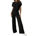 thumbnail image 2 of Women'S Casual Summer Travel Vacation Wear Two-Piece Suit Short Sleeve Wide Leg Pants Casual Suit Black L, 2 of 7