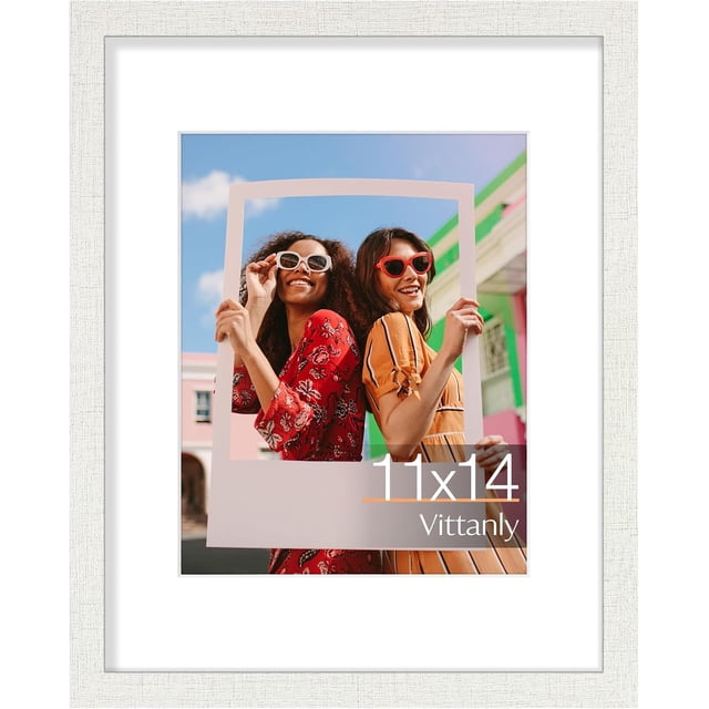Vittanly 11x14 Picture Frame, Engineered Wood with Shatter Resistant Plexiglass, Display Pictures 8x10 with Mat or 11x14 without Mat, Photo Frame for Wall Mounting, Ivory White, 1 Pack