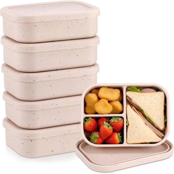 6 Pcs Silicone Bento Box Reusable Silicone Bento Lunch Container for Adults Microwave Dishwasher Freezer Safe 3 Compartment (Beige)