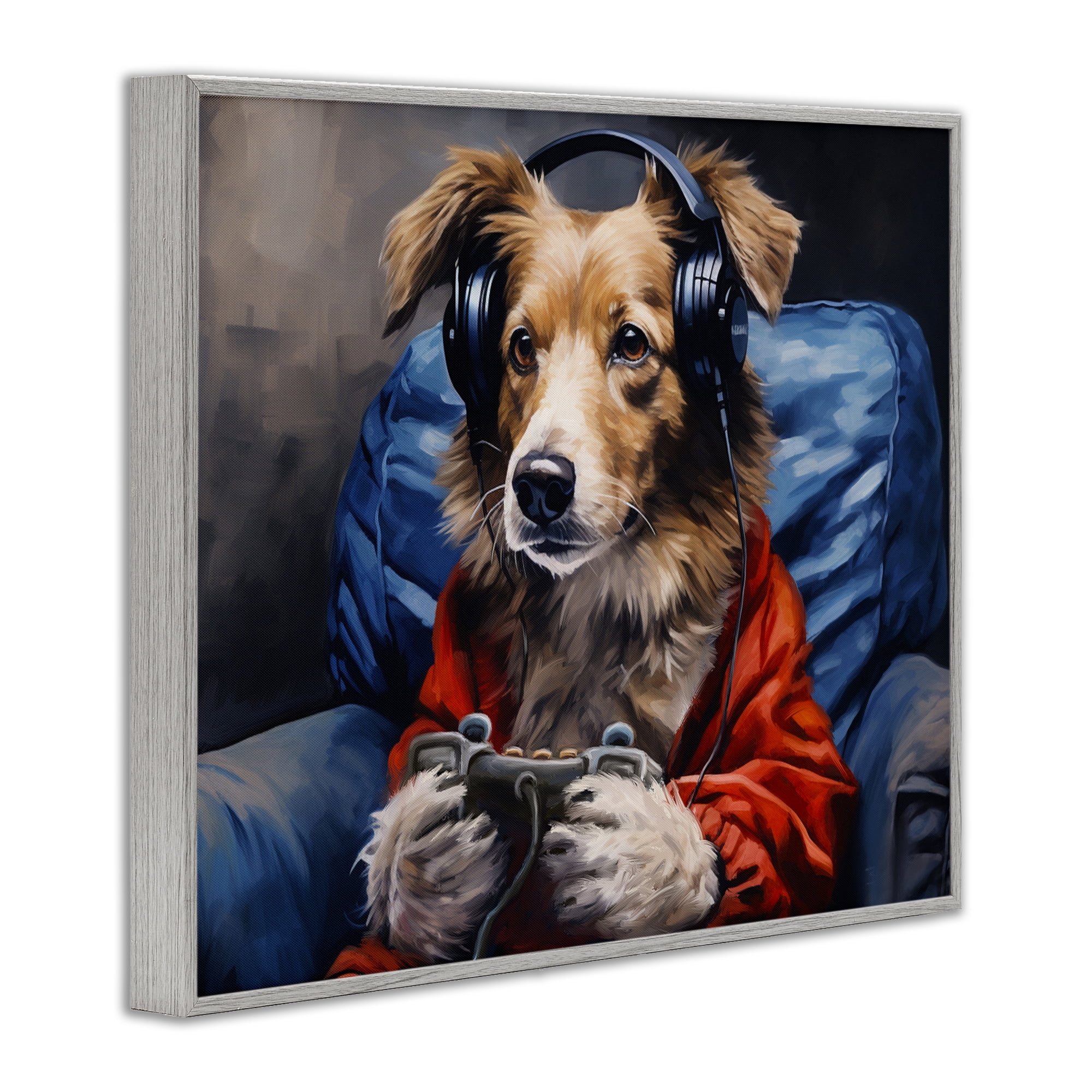 Game Master Dog Gray Framed Giclee Art, design by Shawna Stewart