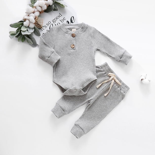 Bebé recién nacido niña niño primavera otoño acanalado/a cuadros conjuntos de ropa sólida monos de manga larga + pantalones elásticos 2 uds Ou