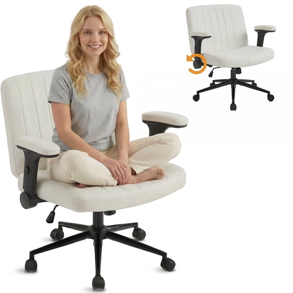 IPKIG Ergonomic Office Chair with Wheels and Flip-Up Arms, Wide Seat Swivel Desk Chair for Home Office, Computer, Vanity in Chenille White