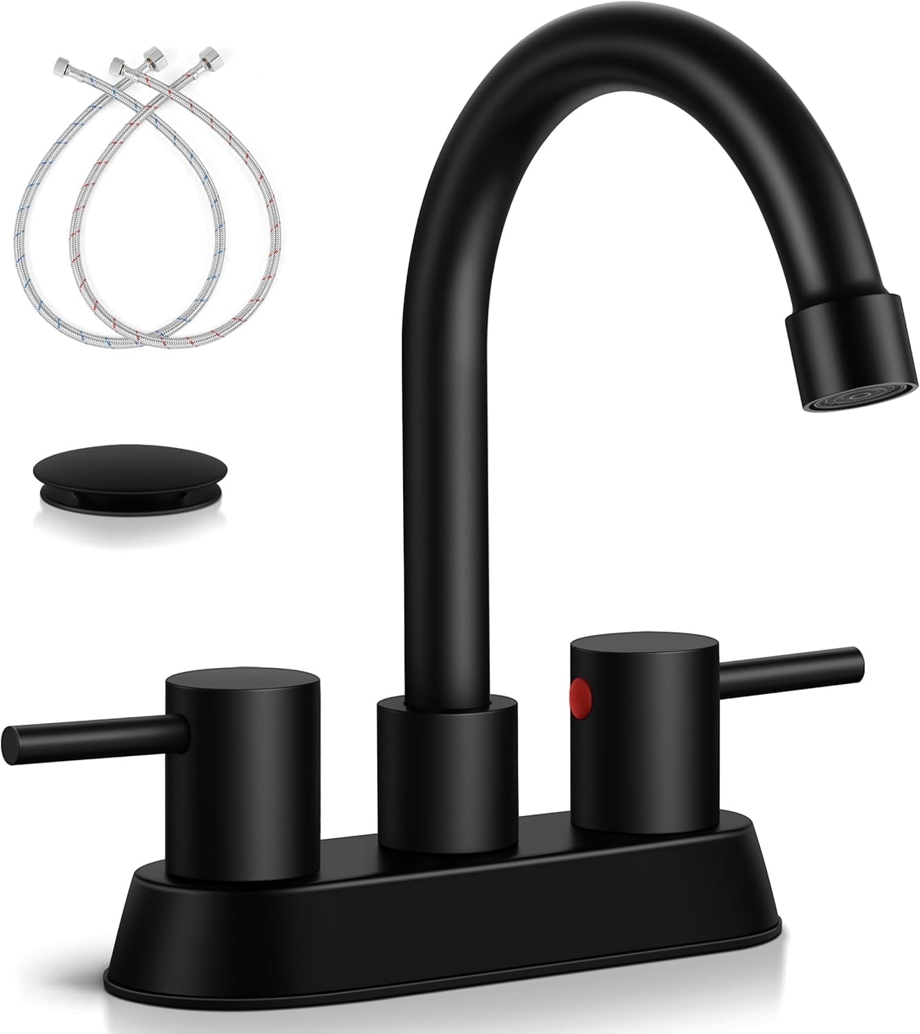 4 Inch 2 Handle Centerset Matte Black Modern Bathroom Faucet 360 Swivel Spout Bathroom Vanity Sink Faucet with Pop Up Drain and Water Supply