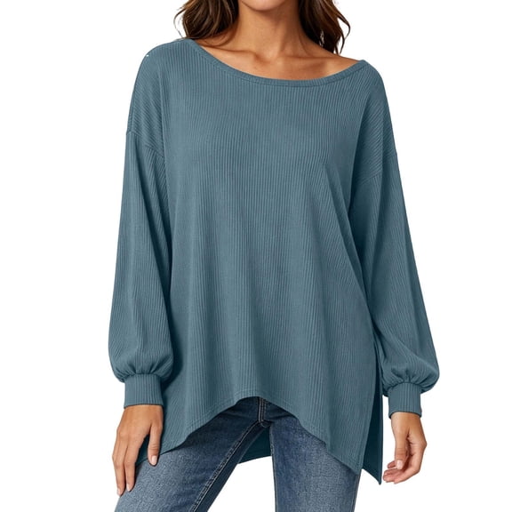 MaFYtyTPR Women's Long Sleeve Tops Casual Loose Round Neck Off-Shoulder Bloues Fall Lightweight Pullover Shirts Blue L