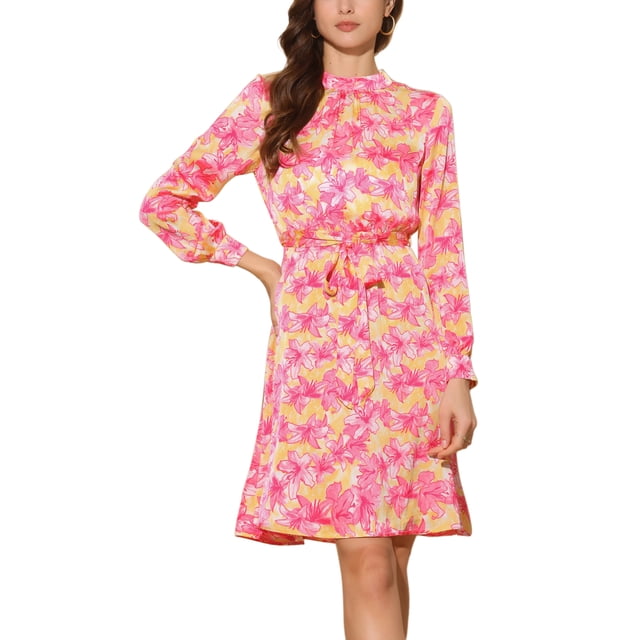 Vestido Floral de Mujer Inspire Chic con Cuello Mock, Manga Larga, Cintura Ajustable, Largo a la Rodilla, Estilo Boho, Talla XL, Floral Rosa