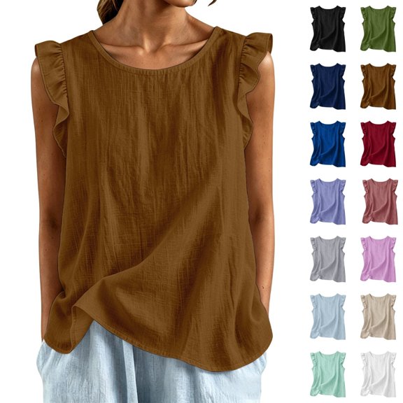 Bmisegm Womens Tank Tops Casual Comfortable Ruffle Sleeveless Round Neck Relaxed Fit Lightweight Breathable Basic Vest Summer Tops for Women Brown XXXXXL
