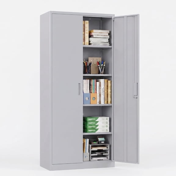 71" Metal Storage Cabinet with Lock, 4 Adjustable Shelves & Doors, Steel Locker for Garage, Office, Living Room, Gray