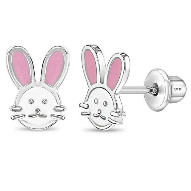 Boucles d'Oreilles Lapin Bête Bébé / Tout-Petit / Enfants à Vis en Émail - Argent Sterling