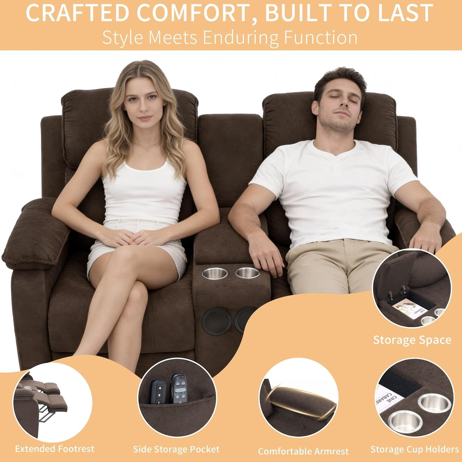 Electric Reclining Loveseat Sofa with 8-Point Vibration Massage, Bluetooth Speakers, Storage Console and Cup Holders for Living Room & Home Theater (Brown, Loveseat with Console)