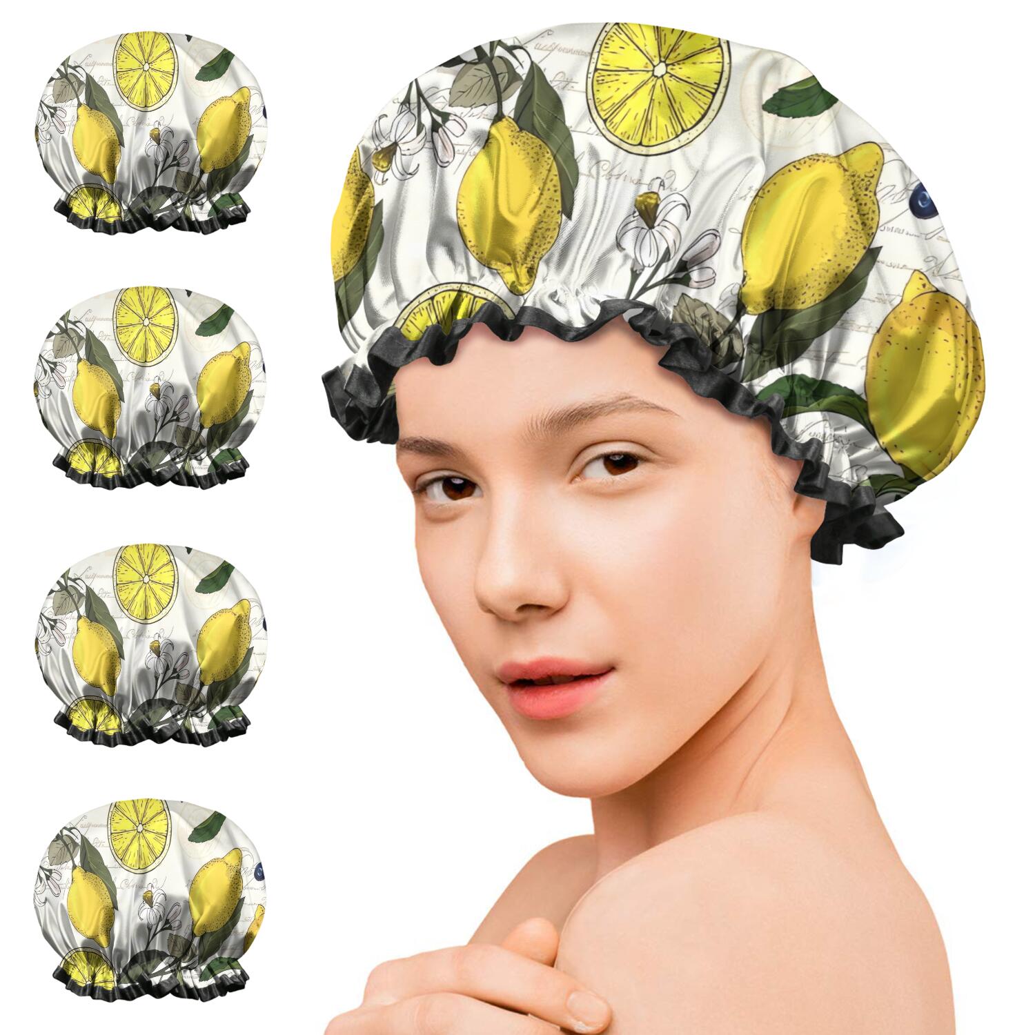 Shower Caps,Yellow Lemon Fruit Berries Beige Pattern Waterproof Shower Cap for Women 4 Pieces,Double Reusable Hair Cover for Shower PEVA Elastic Stretch Hem