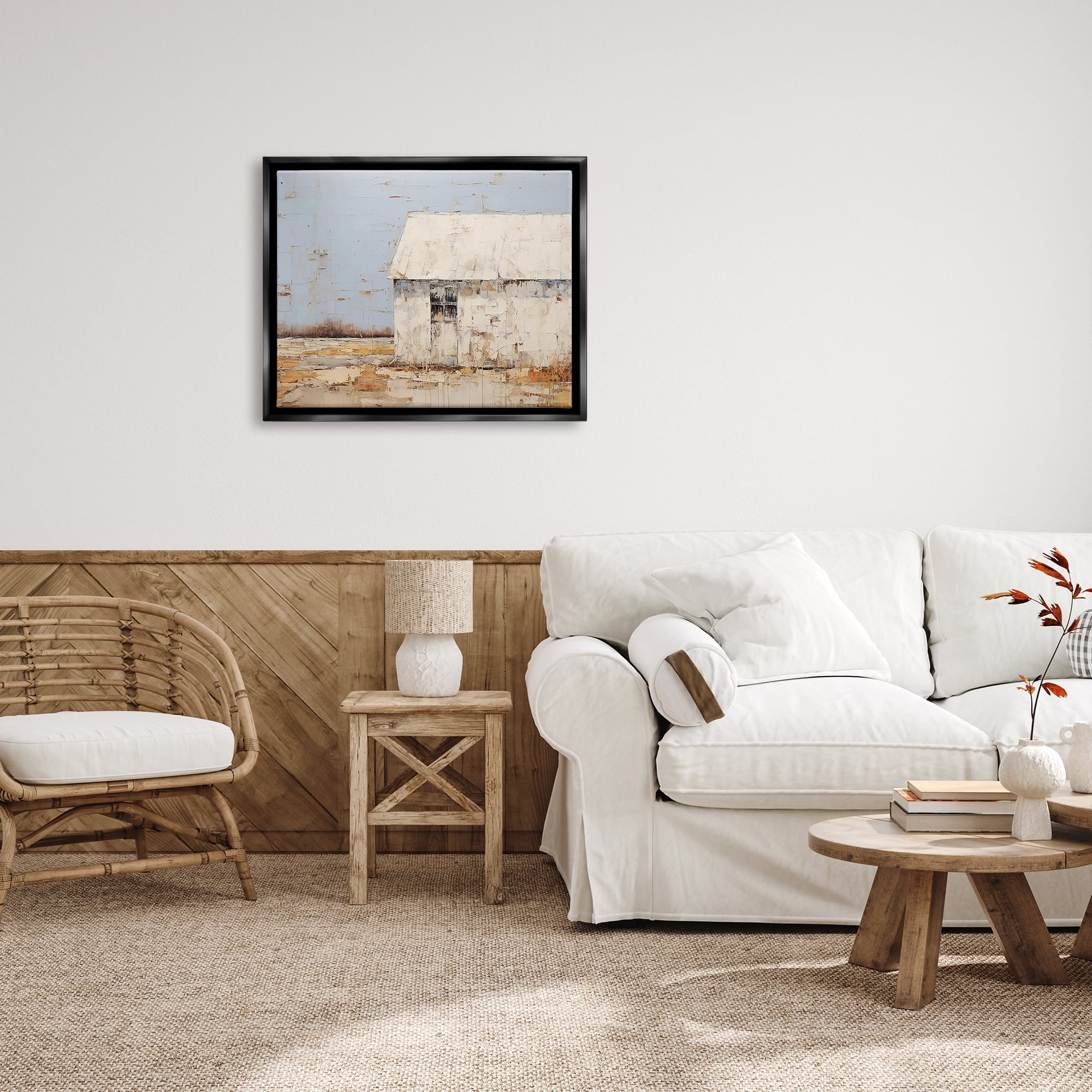 Stupell Industries Rustic White Barn Abstract Painting Black Floater Framed Canvas Art Print Wall Art, 31 x 25