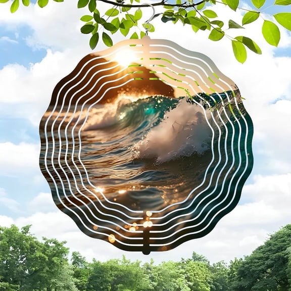 3D Metal Hanging Wind Spinners - Ocean Waves & Leaf Design Wind Chimes for Yard and Garden Decor Serene Nature-Inspired Art