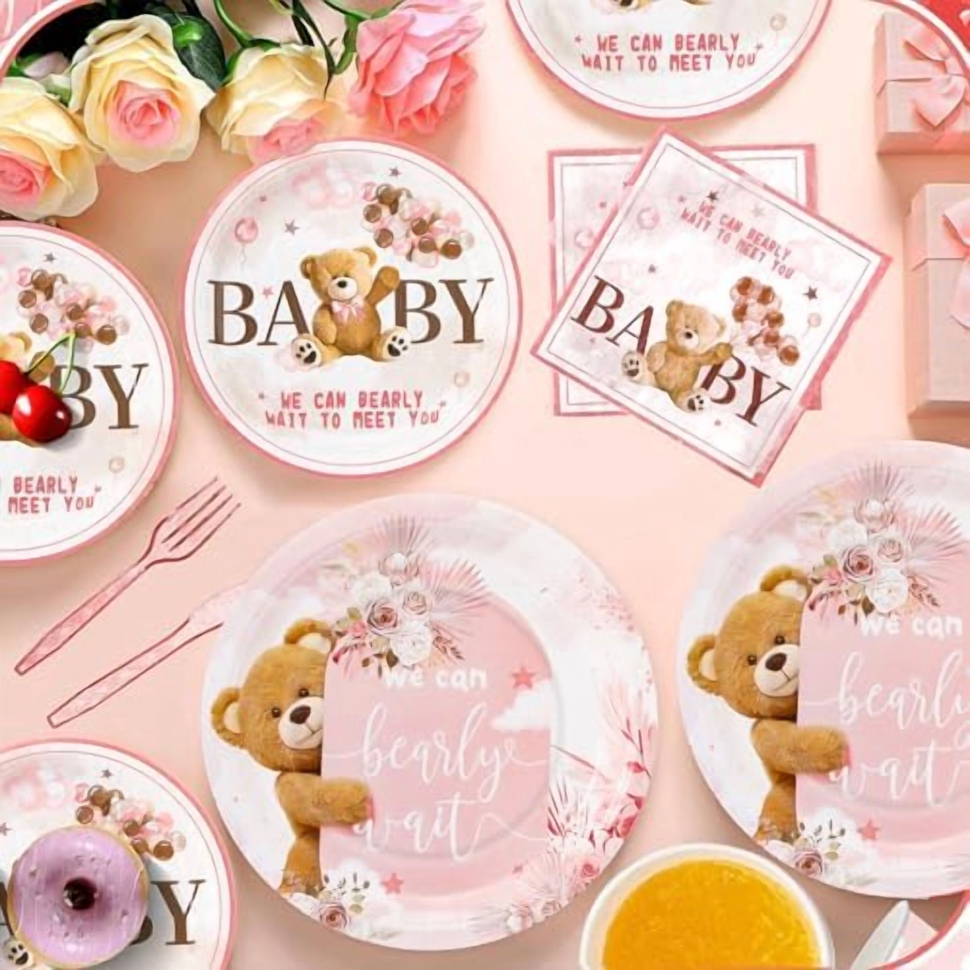 180PCS We Can Bearly Wait Baby Shower Decorations – Pink Bear Paper Plates and Napkins Set, Disposable Party Tableware Supplies for Girl Baby Shower$$Home Decor, Kitchen, & Other