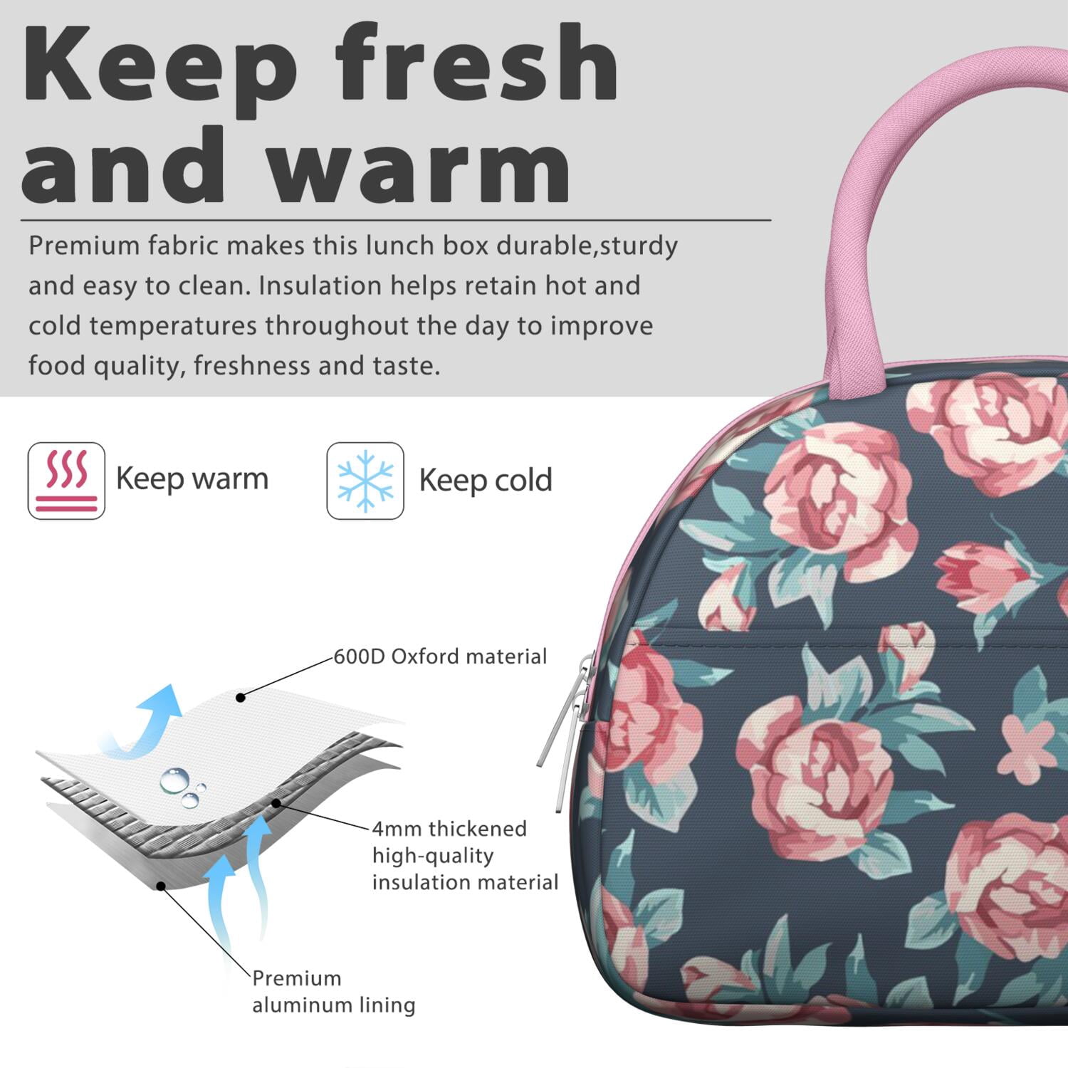 Rustic Floral Lunch Bag – Vintage Bloom Pattern Tote for Women with Insulated and Leakproof Lining, Ideal for Outdoor Meals