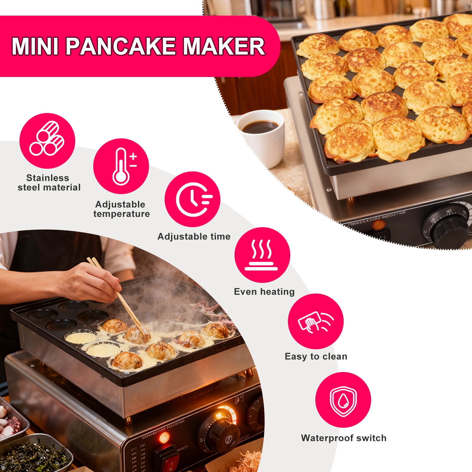 110V 1800W Mini Waffle & Pancake Maker, Commercial Poffertjes Electric Dorayaki Maker, Muffin Waffle Maker with Non-Stick Griddle for Breakfast & Snacks