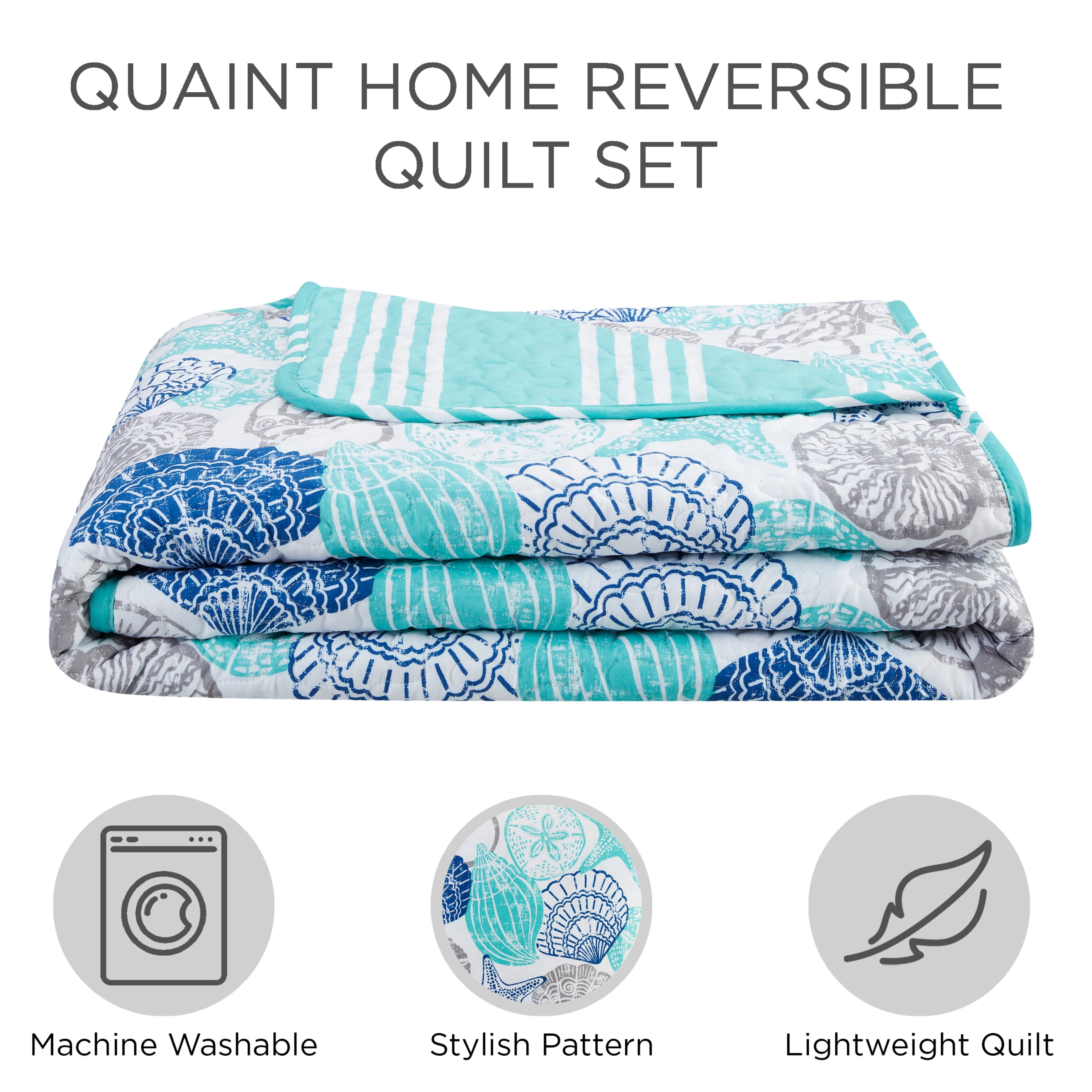 Bedding 4-piece Reversible Quilt Set, Gray/Blue/Aqua, Twin, Seashell & Starfish by Quaint Home