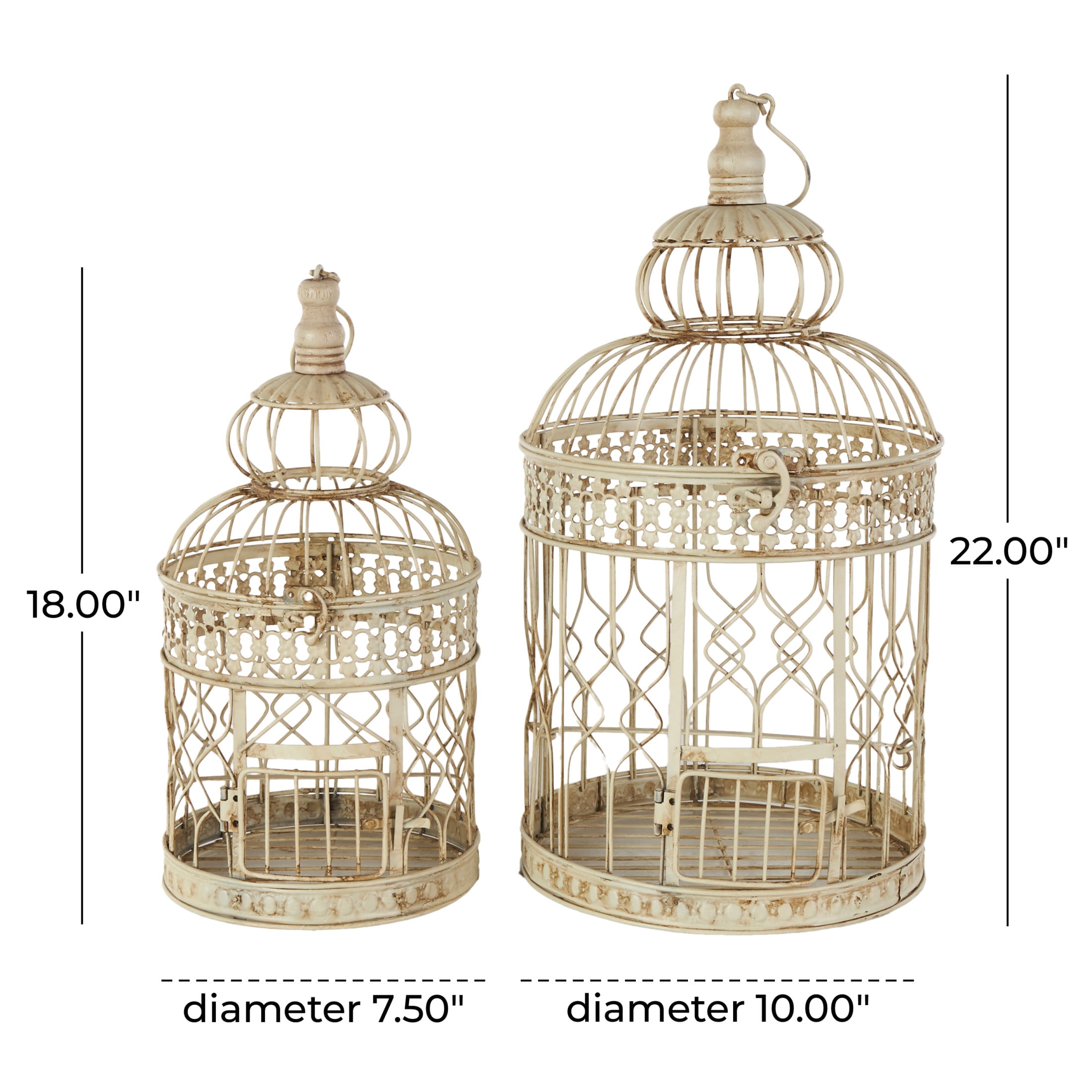 DecMode Hinged Top Cream Metal Birdcage with Latch Lock Closure and Hanging Hook, Set of 2