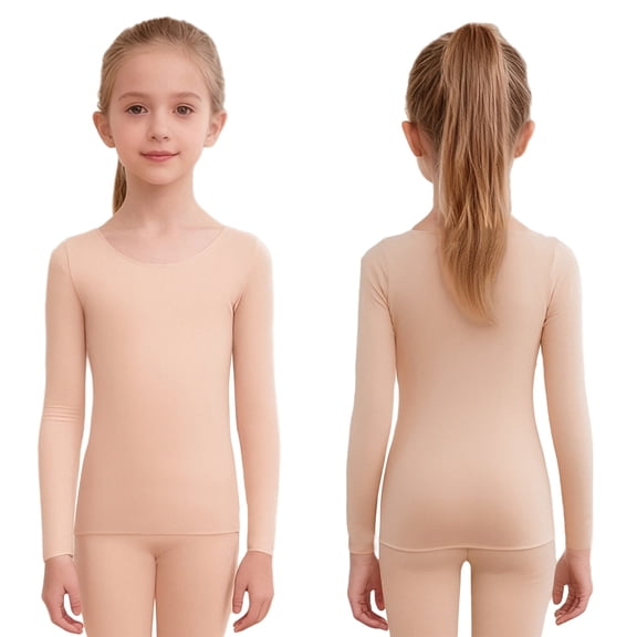 TiaoBug Kids Girls Base Layer Thermal Tops Long Sleeve Fleece Lined Crewneck Seamless Undershirts Nude L