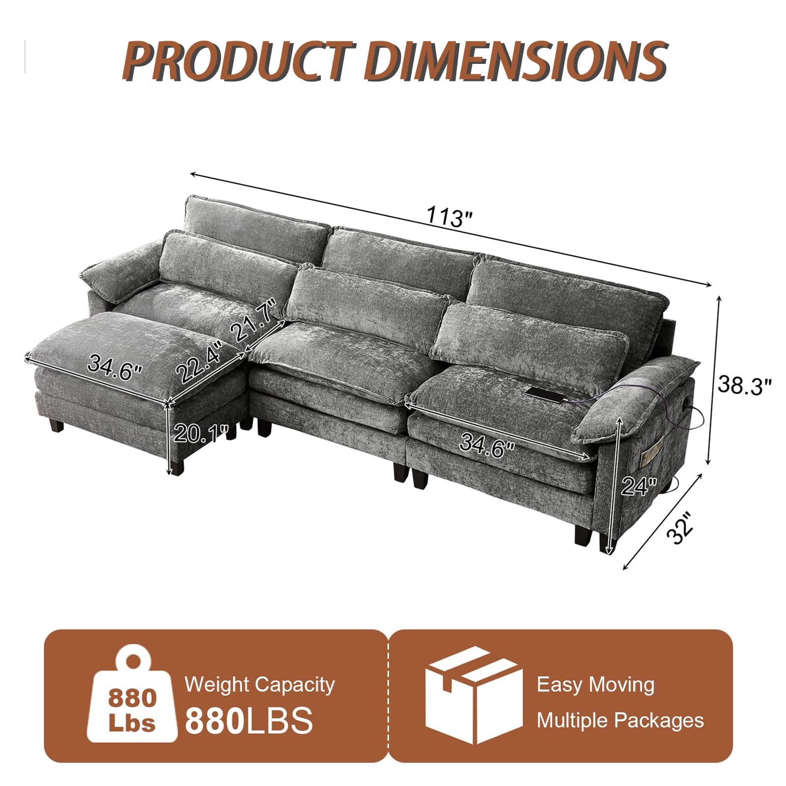 Aisword 113" Modular Sectional Sofa,L Shaped Modern Cloud Couch with Ottoman,3-Seat Chenille Deep Seat Sofa,USB Port,Grey