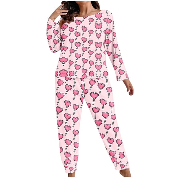 FDGIU ‌‌‌‌Women's Plus Size Valentine Pajama Set - 2 Piece Long Sleeve Button Down Sleepwear with Heart Print