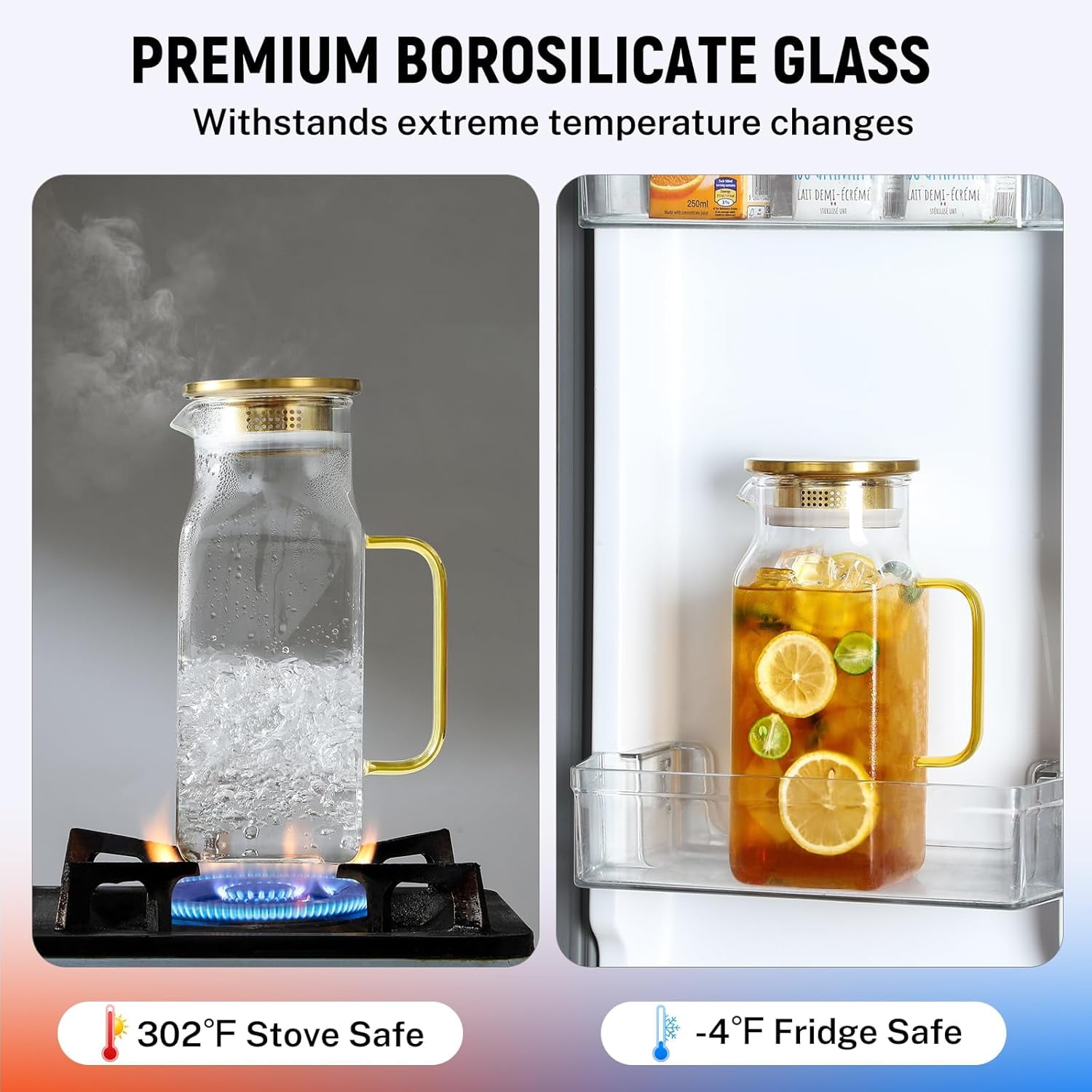 40 oz 1.2 Liter Square Glass Pitcher with Lid and Spout, Borosilicate Glass Carafe with Handle for Fridge, Durable Large Water Jug for Iced Tea, Coffee, Cold and Hot Beverages