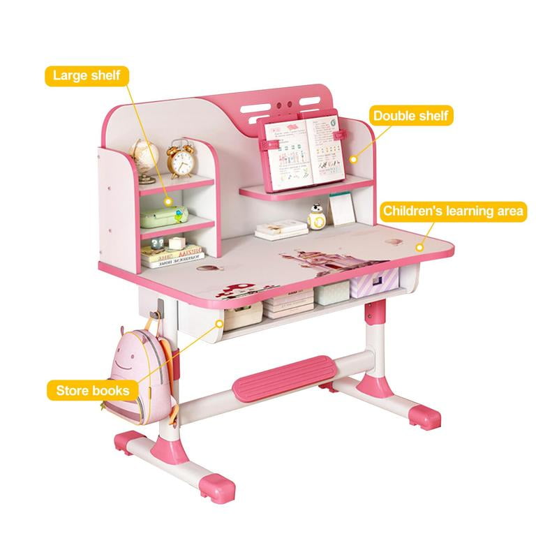 YNCE Kids Study Desk and Chair Set for 6-14, Height Adjustable Study Table Chair Set for Kids with Drawers Bookstand 80cm Desktop Foot Pedal Ergonomic Table Chairs for Boys Girls (Pink #2)