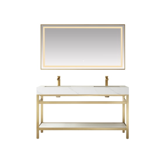 Funes 60" Double Sink Bathroom Vanity in Brushed Gold Frame White Top w/ Mirror